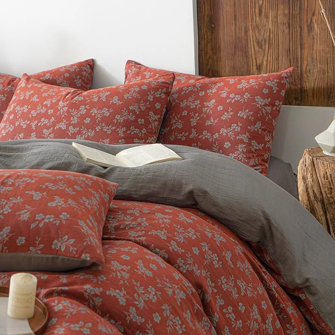 Authentic VM VOUGEMARKET Vintage Floral Duvet Cover Set King Rust Red Double Layer Gauze Cotton Bedding Soft Breathable Comforter Cover with Zipper Closure 3 Pieces Fine