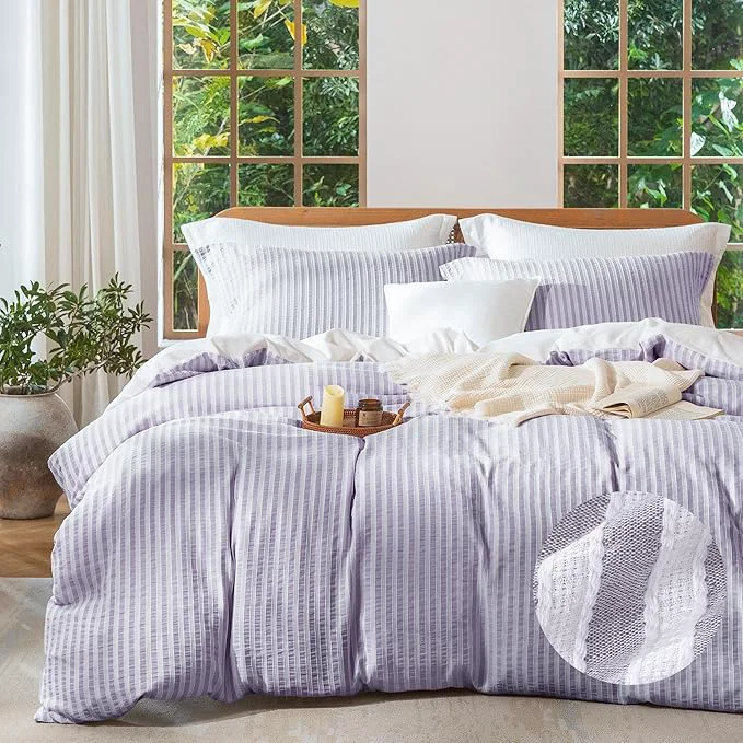 Proven MILDLY Purple Striped Duvet Cover – Washed Cotton Jacquard Boho Textured Comforter Cover 2pcs with Corner Ties Zipper Closure 68 quot x90 quot Exclusive