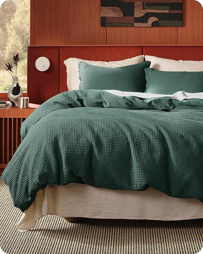 Trendy Bedsure Cotton Duvet Cover King – Cotton Waffle Weave Forest Green Duvet Cover King Size GentleSoft™ and Breathable Bedding Set for All Season 3 Pieces 104 quot x90 quot Secure