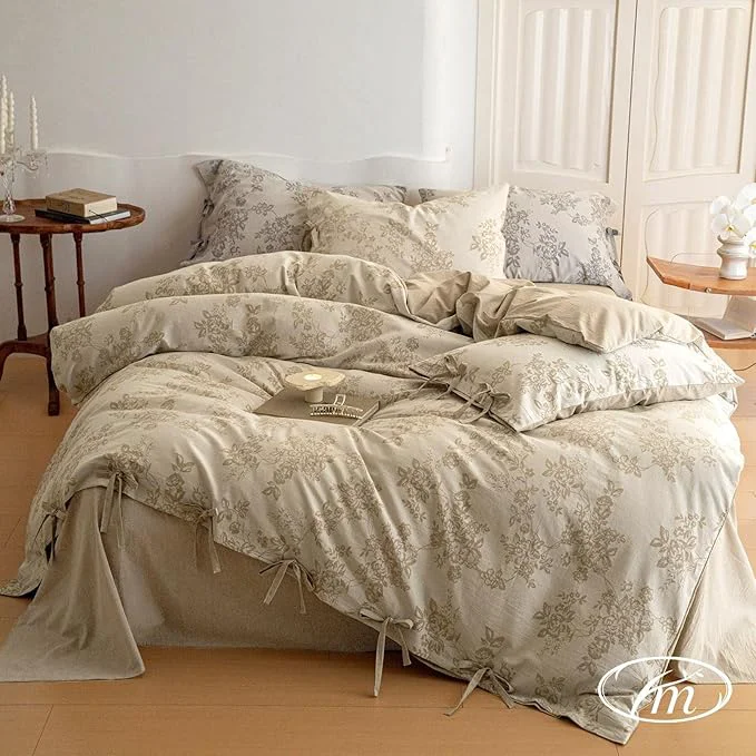 Contemporary VM VOUGEMARKET Linen Cotton Duvet Cover Set King Retro Monet Flower Bedding Set Jacquard Yarn-Dyed Textured Comforter Cover with Bowknot-104 x90 Khaki Fine Crafted