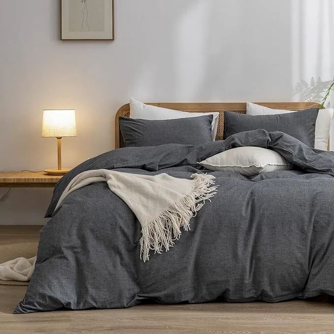 Unique OUCH Duvet Cover Set Washed Cotton Linen Feel Super Soft Comfortable Chic Lightweight 3 PCs Home Bedding Set Solid Dark Black Queen Smooth