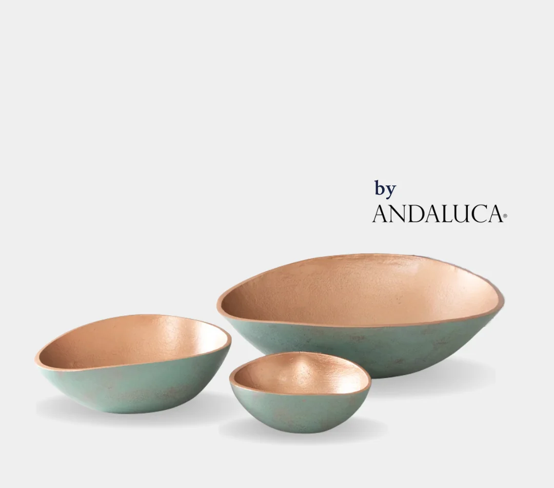 Optimized Set of 3 Turquoise Copper Finish Decorative Oval Bowls by Andaluca Home Reliable