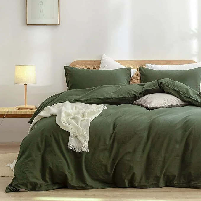 Advanced OUCH Duvet Cover Set Washed Cotton Linen Feel Super Soft Comfortable Chic Lightweight 3 PCs Home Bedding Set Solid Olive Green Full Double Durable