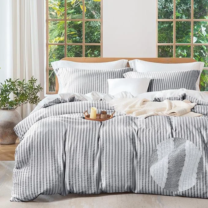 Breathable MILDLY Dark Grey Striped Duvet Cover – Washed Cotton Jacquard Textured Comforter Cover with Dual Zipper Closure amp 8 Coner Ties High-Performance