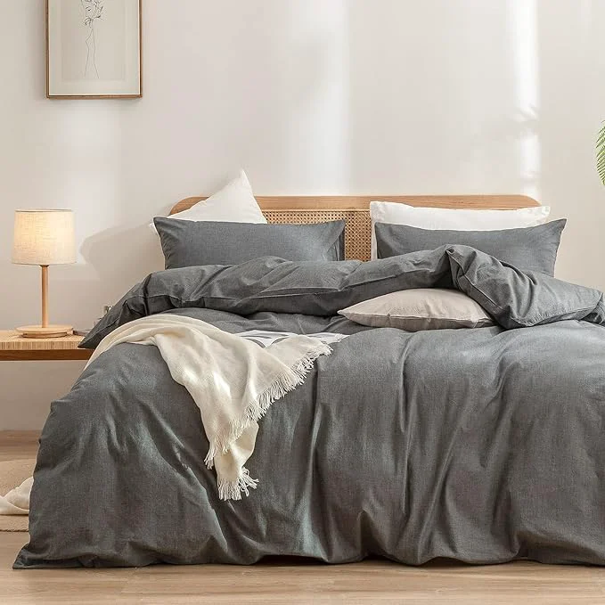 Recyclable OUCH Duvet Cover Set Washed Cotton Linen Feel Super Soft Comfortable Chic Lightweight 3 PCs Home Bedding Set Solid Dark Grey Oversized King Original Design