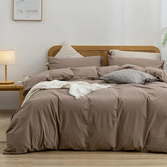 Sustainable OUCH Duvet Cover Set Washed Cotton Linen Feel Super Soft Comfortable Chic Lightweight 3 PCs Home Bedding Set Solid Pine Bark Brown Super Queen Selected