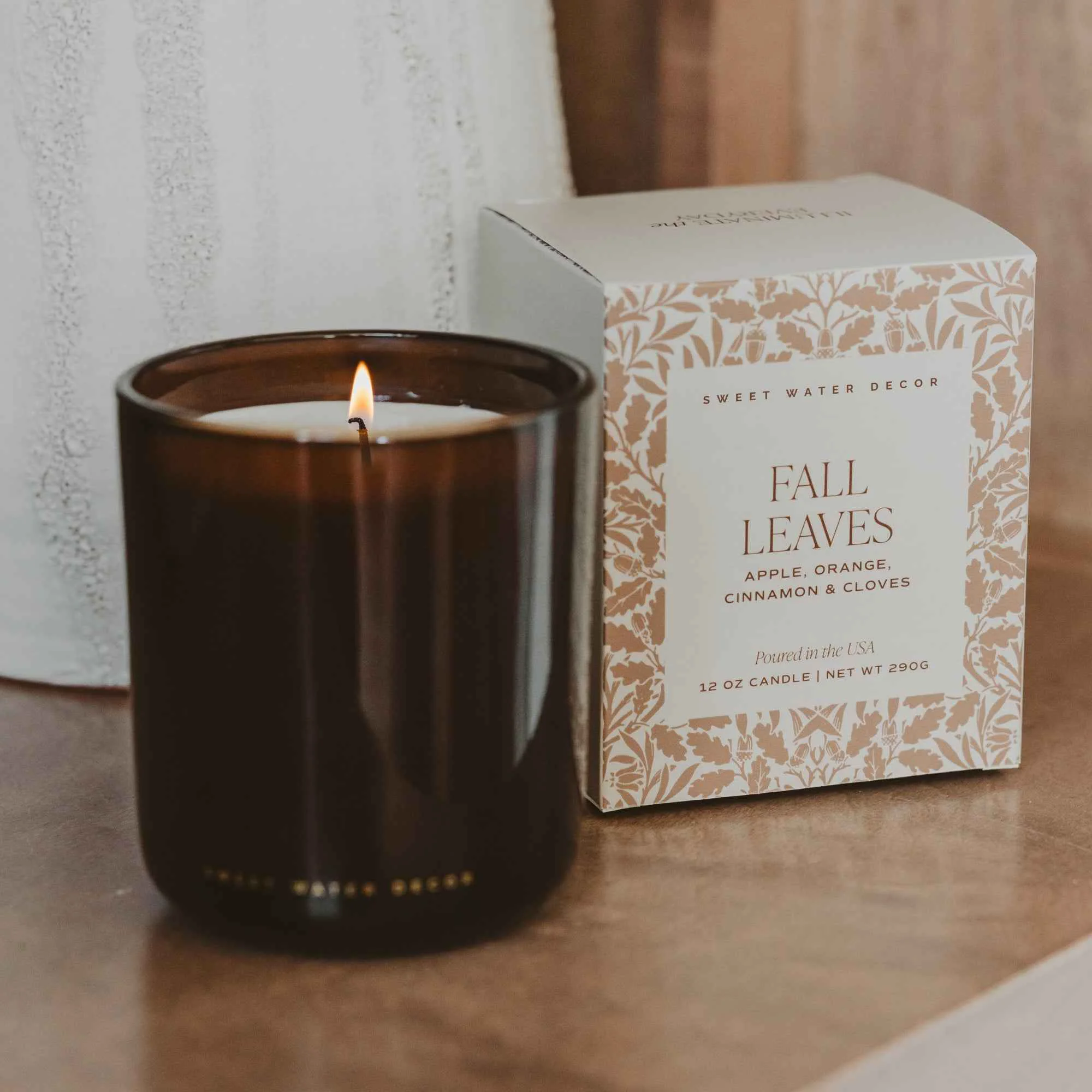 Healthy Fall Leaves Soy Candle – Boxed Amber Tinted Glass Jar – 12 oz Modern