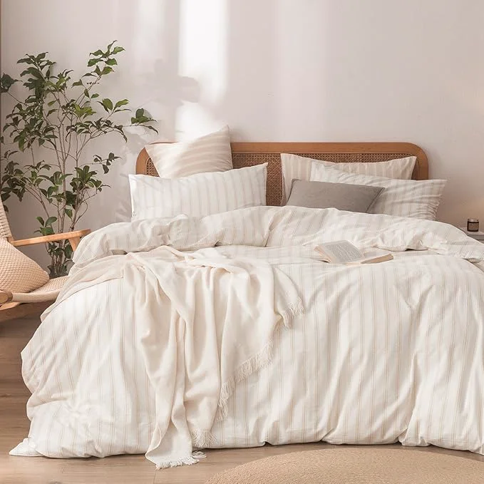 Environmentally Friendly OUCH Duvet Cover Set Washed Cotton Linen Feel Super Soft Comfortable Chic Lightweight 3 PCs Home Bedding Set White amp Almond Grey Stripes King Excellent
