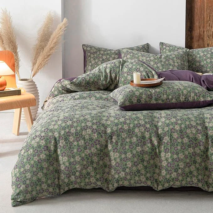 Dependable VM VOUGEMARKET Vintage Floral Jacquard Duvet Cover Set King Breathable Double Layered Gauze Bedding Collection for All-Season Green amp Purple Safe