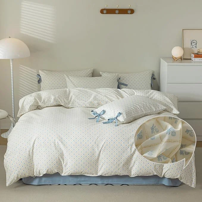 Expertly Made VM VOUGEMARKET White Blue Duvet Cover Twin Garden Style Blue Flower Duvet Cover Cotton Grid Comforter Cover with 2 Bow Ties Pillowcases Botanical Cottagecore Bedding Sets Authentic