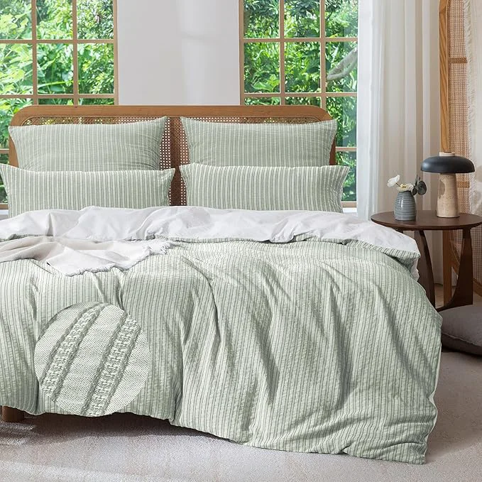 Breathable MILDLY Jacquard Stripe Duvet Cover – Sage Green Washed Cotton Boho Textured Comforter Cover Set with Zipper Closure 68 quot x90 quot Prestigious