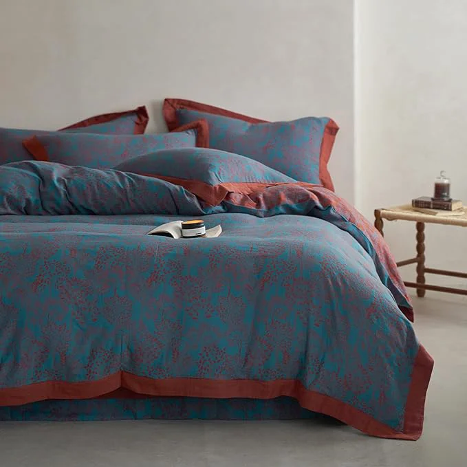 Original VM VOUGEMARKET Jacquard Duvet Cover Set King Yarn-Dyed Cotton Blue Red Tree Leaves Duvet Cover Bordered Reversible Farmhouse Style Bedding Set King Stylish