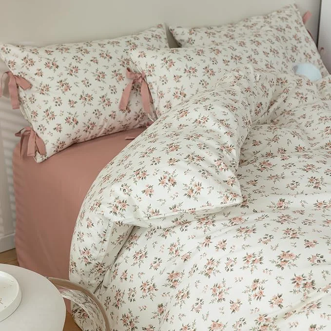 Exclusive VM VOUGEMARKET Pink Flower Duvet Cover Set Twin 3 Pieces Girls Cottagecore Bedding Set Cotton Peach Floral Comforter Cover with Zipper Closure Vintage Country Bedding-68×86 Inch Contemporary