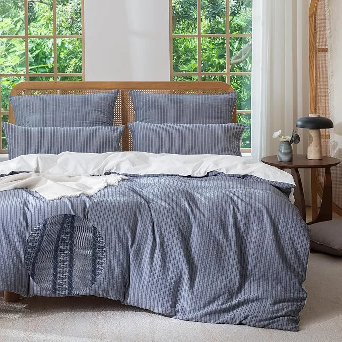 Next-Generation MILDLY Jacquard Stripe Duvet Cover – Navy Blue Washed Cotton Boho Textured Comforter Cover Set with Zipper Closure 90 quot x90 quot Easy-to-Use