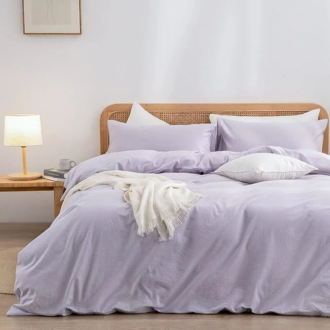 Exclusive OUCH Duvet Cover Set Washed Cotton Linen Feel Super Soft Comfortable Chic Lightweight 3 PCs Home Bedding Set Solid Taro Purple Super King Secure