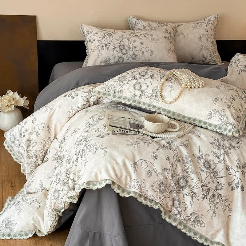 Effective Ownkoti Botanical Bedding With Scalloped Lace Edging High-Grade