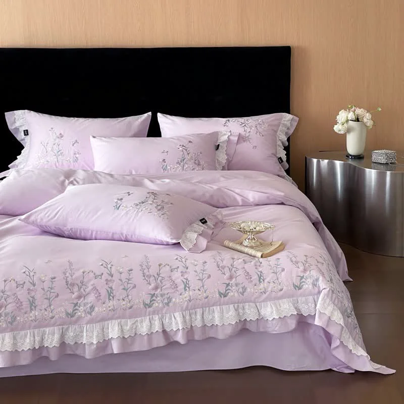 Powerful Ownkoti Wildflower Embroidery Ruffled Lace Cotton Bedding 4PCS Superior