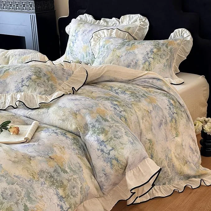 Stylish VM VOUGEMARKET Romantic Ruffle Duvet Cover Queen Breathable Muslin Cotton Wash Painting Style Duvet Cover Soft Linen Like Gauze Bedding Set-Queen Size Verified