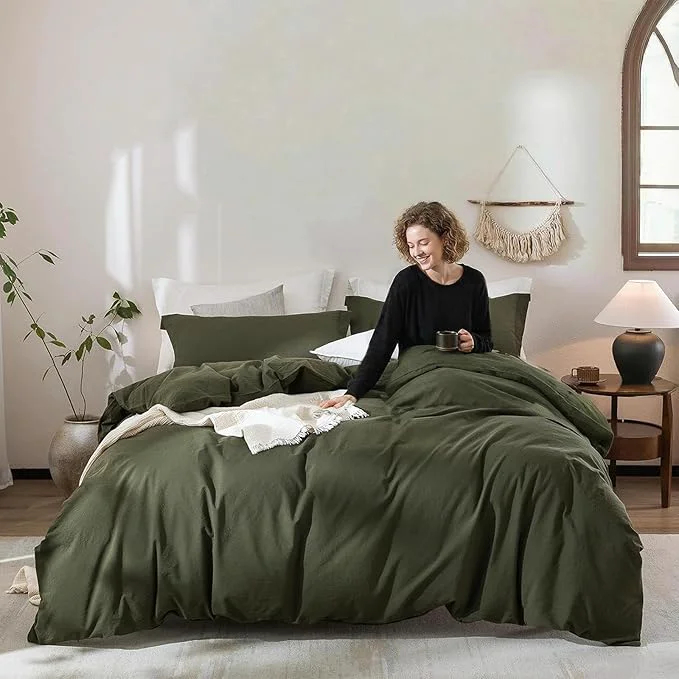 Certified Linen Feel Duvet Cover Oversized King Size 120inch x 98inch Washed Cotton Duvet Cover with Zipper Closure and 2 Pillowcases Color of Olive Green Reliable