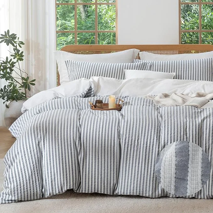 Responsible MILDLY Striped Duvet Cover Set – Washed Cotton Charcoal Grey Boho Jacquard Textured Comforter Cover 2pcs with Zipper Closure 68 quot x90 quot Exclusive