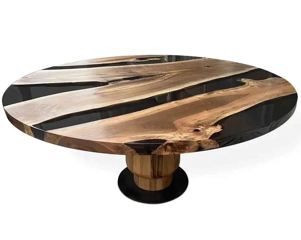 Reusable Round Epoxy Resin Table with Wooden Tulip Base Made of Walnut Trendy