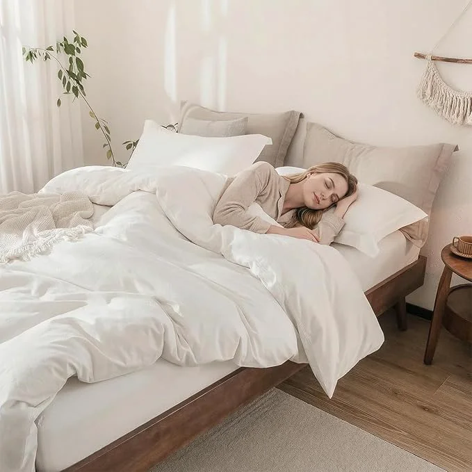 Sophisticated Off White Duvet Cover Queen Size Washed Cotton Bedding Set Cover 1 Duvet Cover Zipper Closure and 2 Pillowcases 90inch x 90inch Efficient