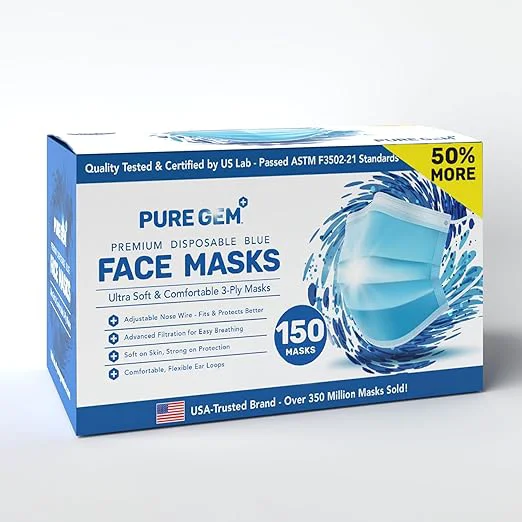 Lightweight PURE GEM Single Use Disposable Blue Face Mask Soft on Skin 3-ply Masks Facial Dependable
