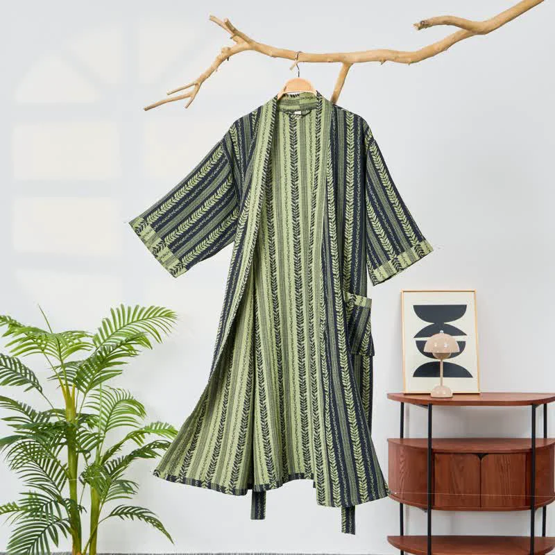 Detailed Ownkoti Leaf Striped Cotton Gauze Kimono Robe Premium