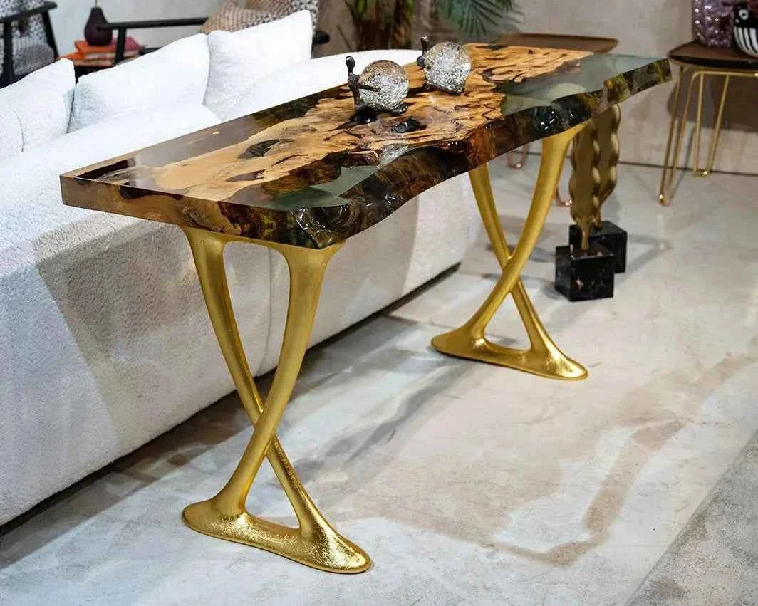 Stylish Resin Live Edge Console Table Made of Linden Wood – Foyer Table- Entryway Table Powerful