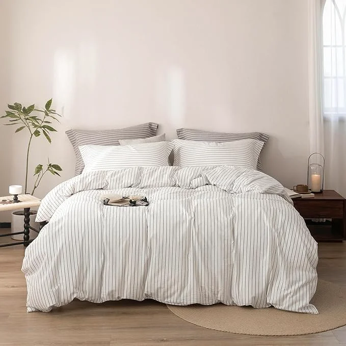 World-Class Stripe Duvet Cover Full Size 90inch x 80inch Washed Cotton Linen Feel Duvet Cover with Zipper Closure and 2 Pillowcases Color of White-Dark Grey Stripe Organic