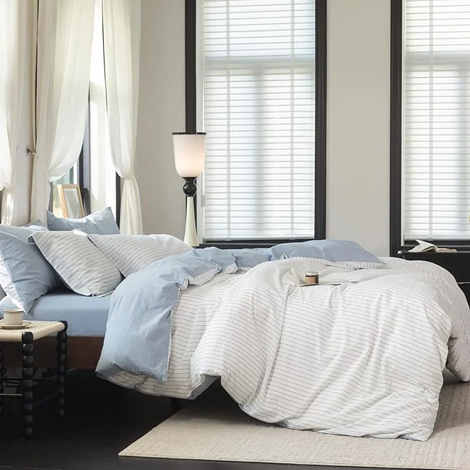 Detailed Reversible Duvet Cover Set Washed Cotton Sky Blue Stripe Linen Feel Duvet Cover King Size with Zipper Closure amp 2 Pillow Shams Sky Blue White Stripe Reverse Solid Sky Blue Healthy