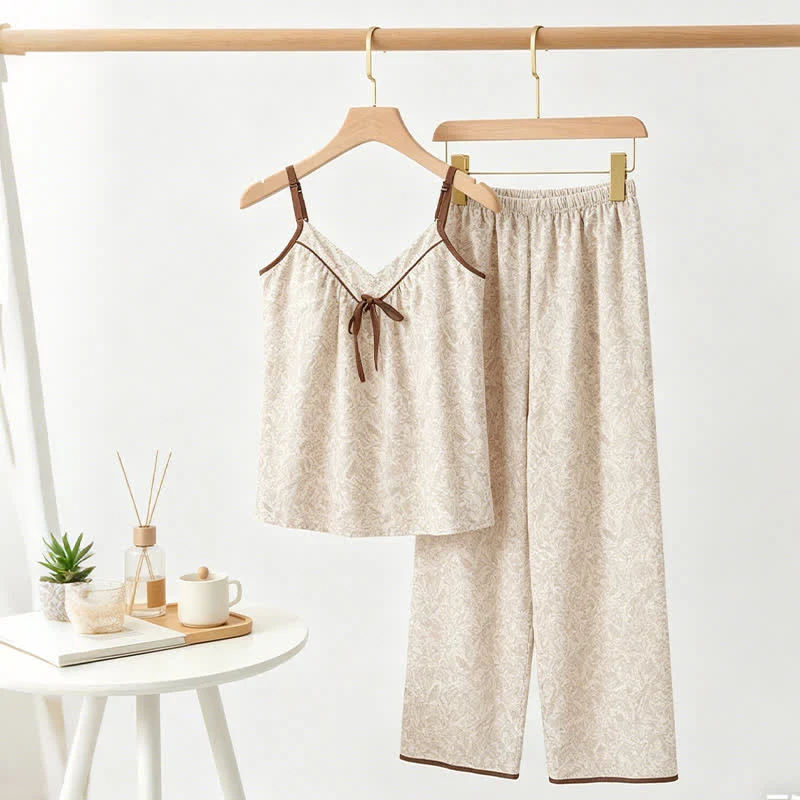 Casual Ownkoti Beige Bow Detail Cami Lounge Set Environmentally Friendly