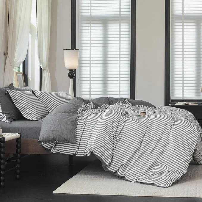 Reversible Duvet Cover Set Washed Cotton Dark Grey Stripe Linen Feel Duvet Cover Queen Size with Zipper Closure amp 2 Pillow Shams Dark Grey White Stripe Reverse Solid Dark Grey Fine