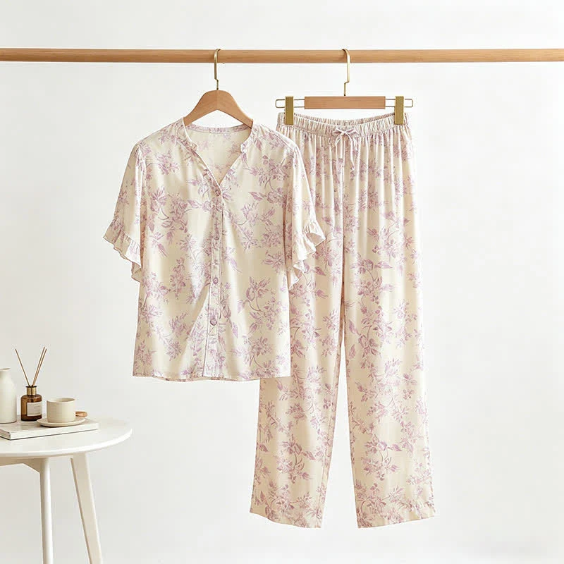 Verified Ownkoti Lavender Floral Ruffle Sleeve Loungewear Set Trusted