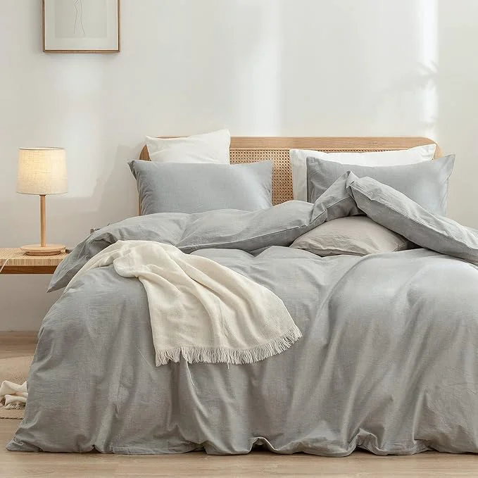 Advanced OUCH Duvet Cover Set Washed Cotton Linen Feel Super Soft Comfortable Chic Lightweight 3 PCs Home Bedding Set Solid Light Grey Queen Authentic