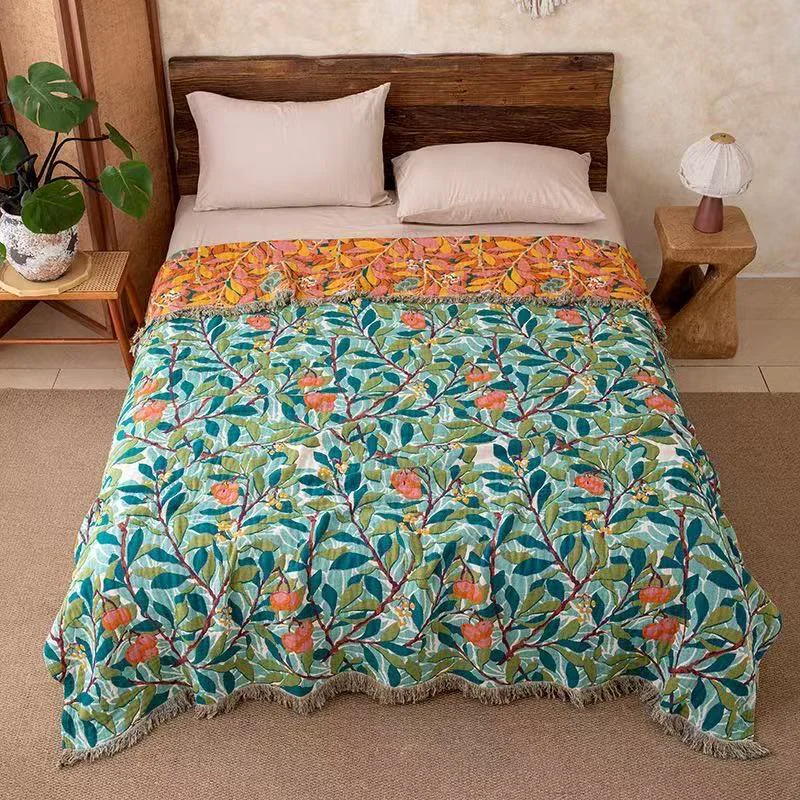 Eco-Friendly Ownkoti Vintage Botanical Fringed Reversible Gauze Quilt Flexible
