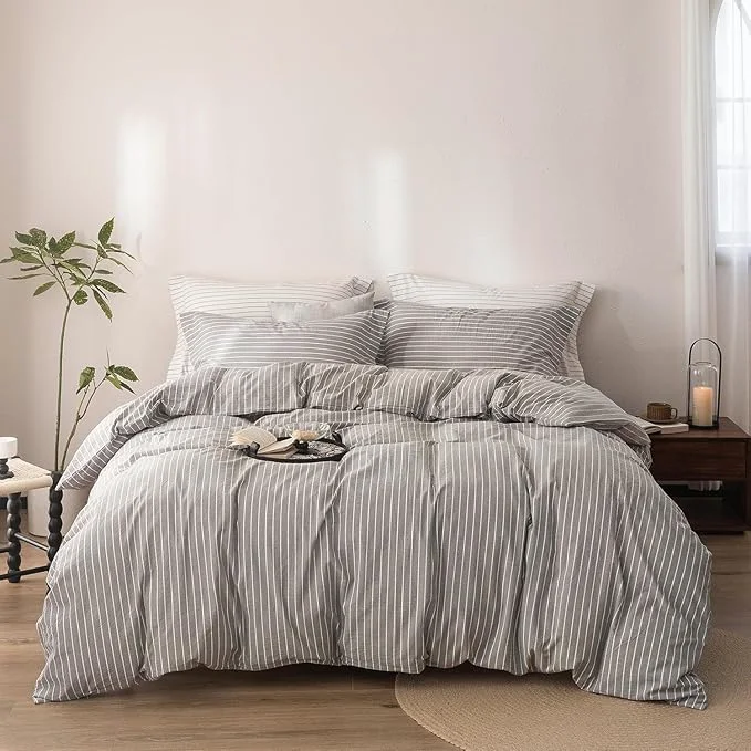 Unique Stripe Duvet Cover Oversized King Size 120inch x 98inch Washed Cotton Linen Feel Duvet Cover with Zipper Closure and 2 Pillowcases Color of Grey-White Stripe Specialty
