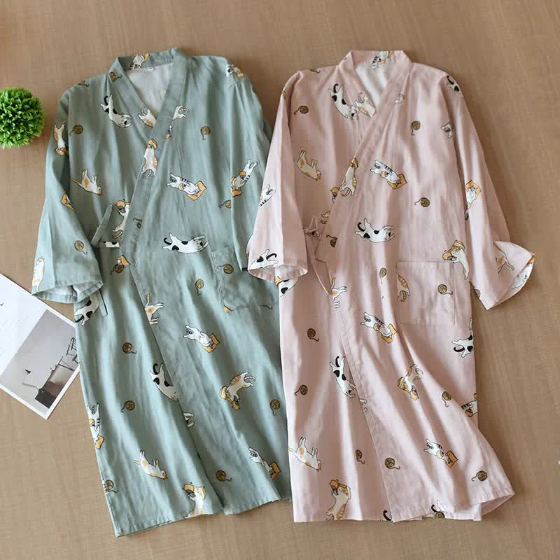 Comfortable Ownkoti Couple Matching Cat Cotton Kimono Robe Trendy