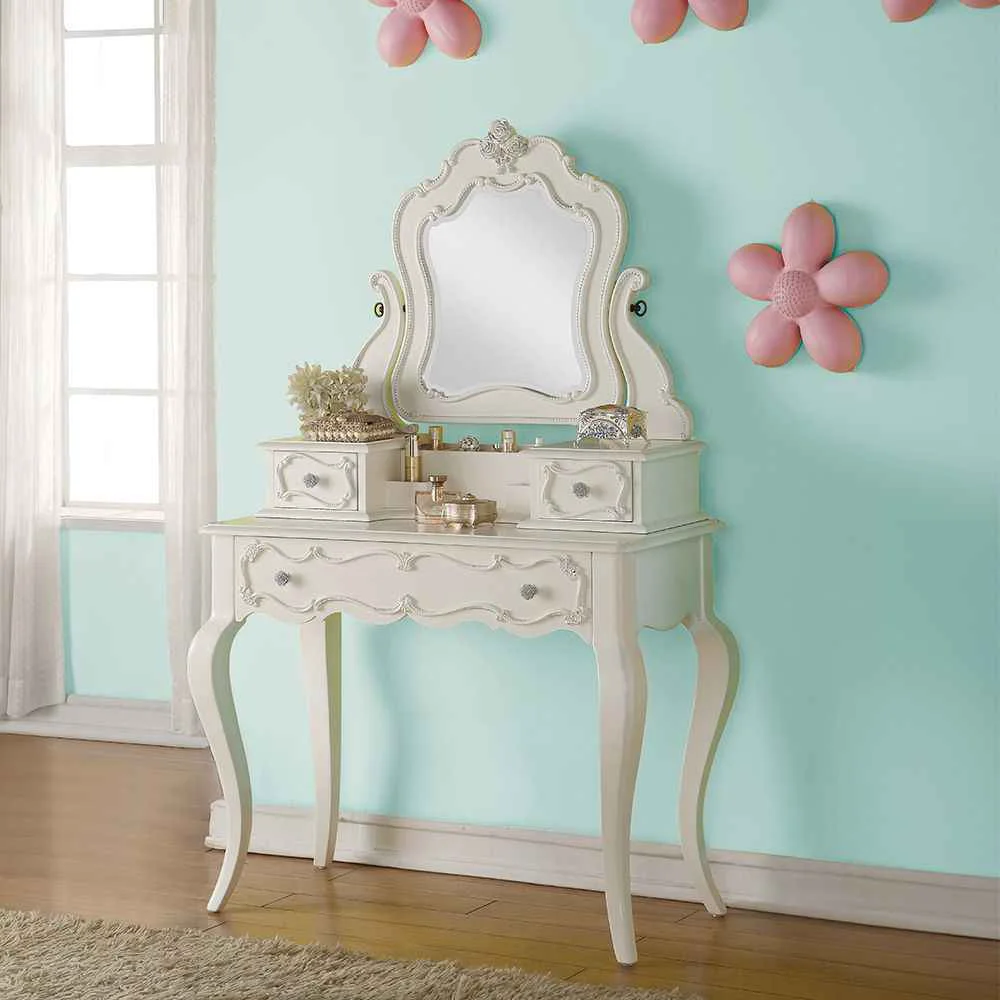 Refined Edalene – Vanity Desk With Mirror – Pearl White High-End