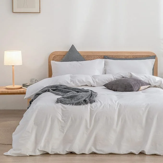 OUCH Duvet Cover Set Washed Cotton Linen Feel Super Soft Comfortable Chic Lightweight 2 PCs Home Bedding Set Solid Bright White Twin Twin XL Elite