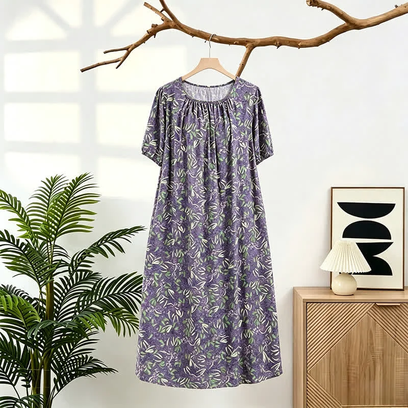 Original Ownkoti Purple Floral Gathered Neck Lounge Dress Green