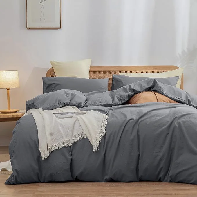 OUCH Duvet Cover Set Washed Cotton Linen Feel Super Soft Comfortable Chic Lightweight 3 PCs Home Bedding Set Solid Quiet Shade Grey Super King Plus Prestigious