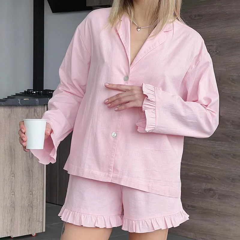 Ownkoti Solid Cotton Ruffle Trim Women 39 s Pajamas Authentic