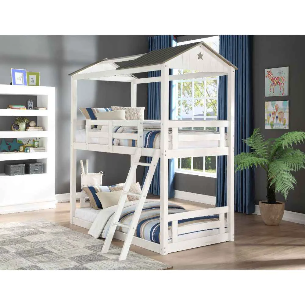 Top-Quality Nadine Cottage – Twin Over Twin Bunk Bed – Weathered White amp Washed Gray Premium Material