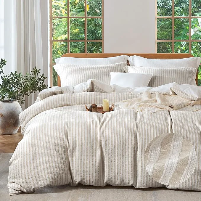 Verified MILDLY Khaki Striped Duvet Cover – Washed Cotton Jacquard Textured Comforter Cover with Dual Zipper Closure amp 8 Coner Ties Superior
