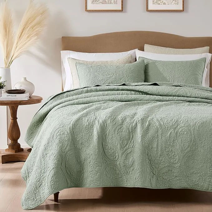 Durable PALASSIO Sage Green Paisley Cotton Quilt King Size Bedding Sets with 2 Pillow Shams Boho Floral Lightweight Farmhouse Country Vintage Soft Bedspread Shabby Chic Coverlet for All Season 3 Pieces Crafted