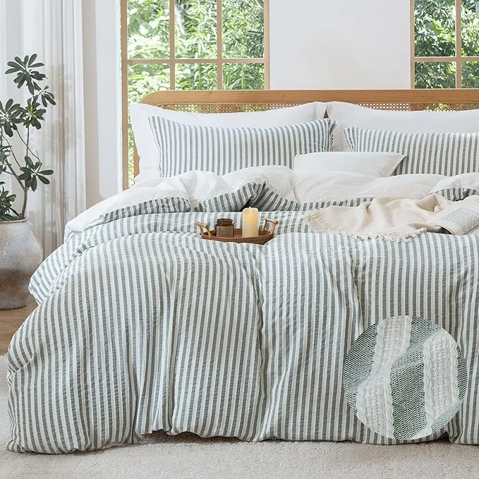 Top-Quality MILDLY Jacquard Stripe Duvet Cover – Washed Cotton Sage Green Textured Spring Comforter Cover 3pcs with Zipper Closure 80 quot x90 quot High-Grade