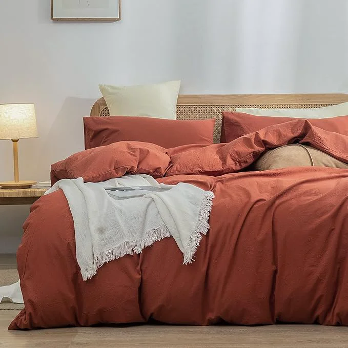 Sustainable OUCH Duvet Cover Set Washed Cotton Linen Feel Super Soft Comfortable Chic Lightweight 2 PCs Home Bedding Set Solid Crimson Red Twin Twin XL Quality