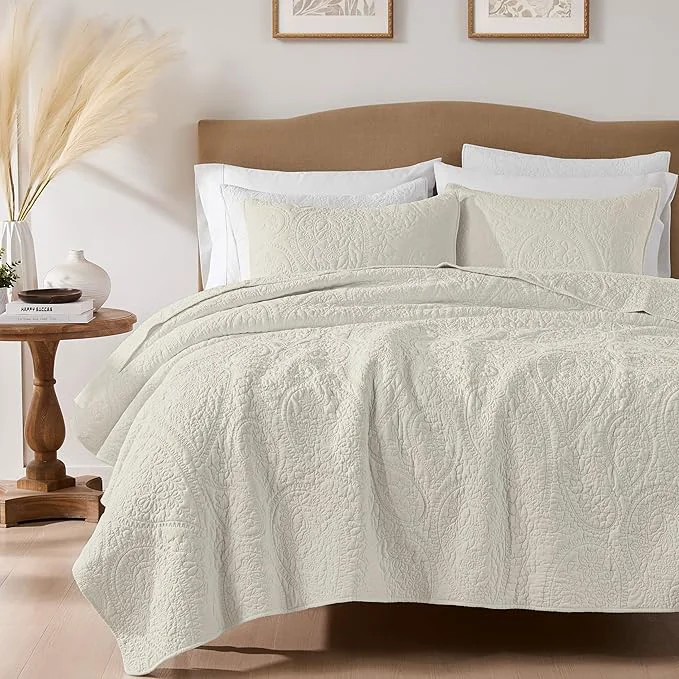 Optimized palassio Beige Paisley Cotton Quilt King Size Bedding Sets with 2 Pillow Shams Boho Floral Lightweight Farmhouse Country Vintage Soft Bedspread Shabby Chic Coverlet for All Season 3 Pieces Artisan