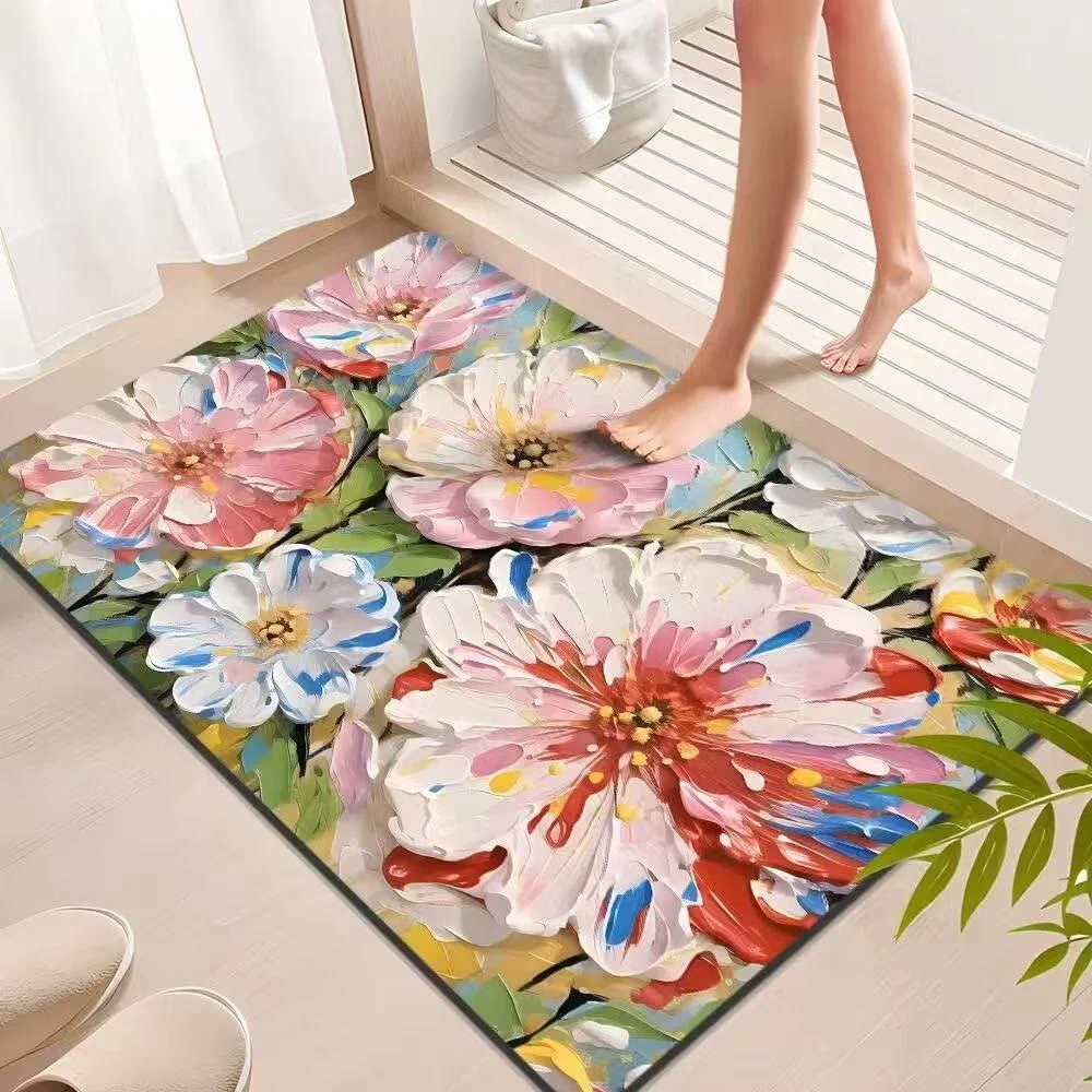Innovative Ownkoti Vibrant Oil Painting Floral Bathroom Rug Crafted